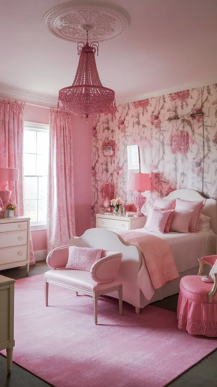 Step into a dreamy escape where vintage charm meets modern femininity. This shabby chic bedroom, with its delicate floral wallpaper, soft pink hues, and antique accents, is the perfect sanctuary for a grand millennial heart. A haven of tranquility and style, it's a space designed for relaxation and self-care.