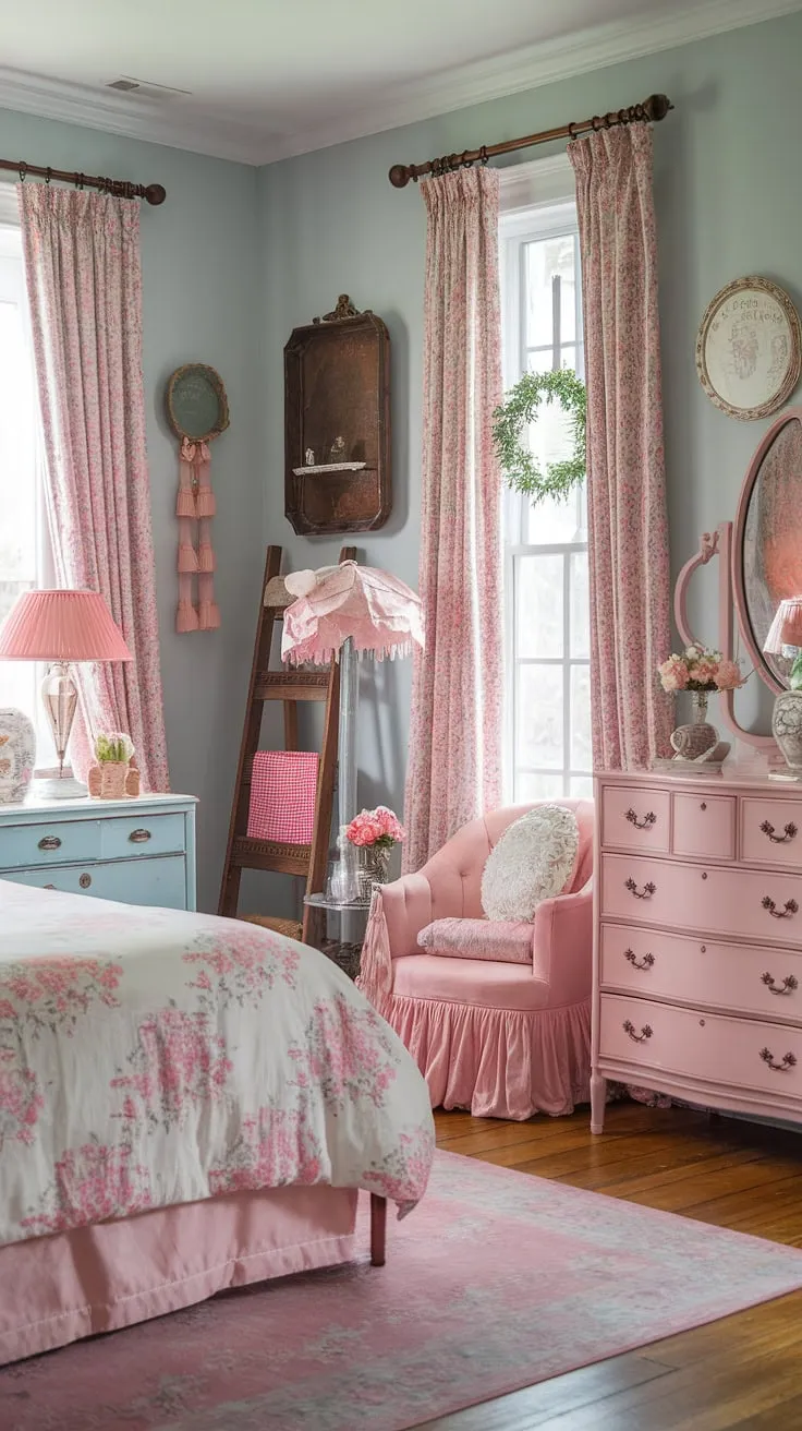 This light blue haven is a symphony of pink hues and vintage treasures. A floral bedspread, a delicate lamp, and a charming dresser create a space that's both romantic and refined. The carefully chosen accessories, from the wooden ladder to the vintage tray, add layers of personality and charm, making it the ultimate sanctuary.