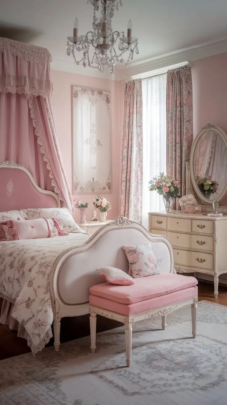 Lost in the loveliness of this vintage-inspired bedroom. Every detail, from the pink headboard to the floral bedding and antique dresser, whispers of a bygone era. A perfect sanctuary for rest and relaxation, filled with a gentle, feminine grace.