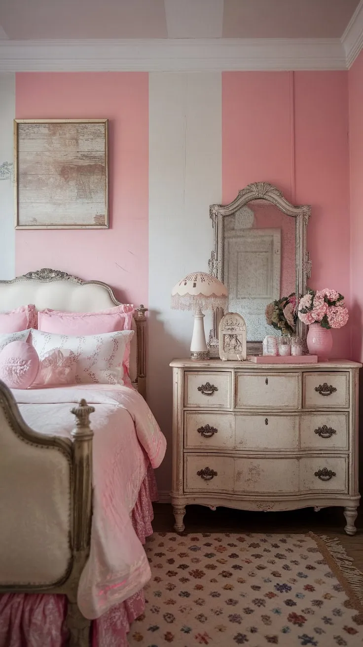 Step into a world of vintage charm and feminine grace. This shabby chic bedroom, with its delicate pink and white hues, ornate bed frame, and antique dresser, whispers tales of bygone eras. The patterned rug underfoot adds a touch of playful whimsy, completing this dreamy retreat.