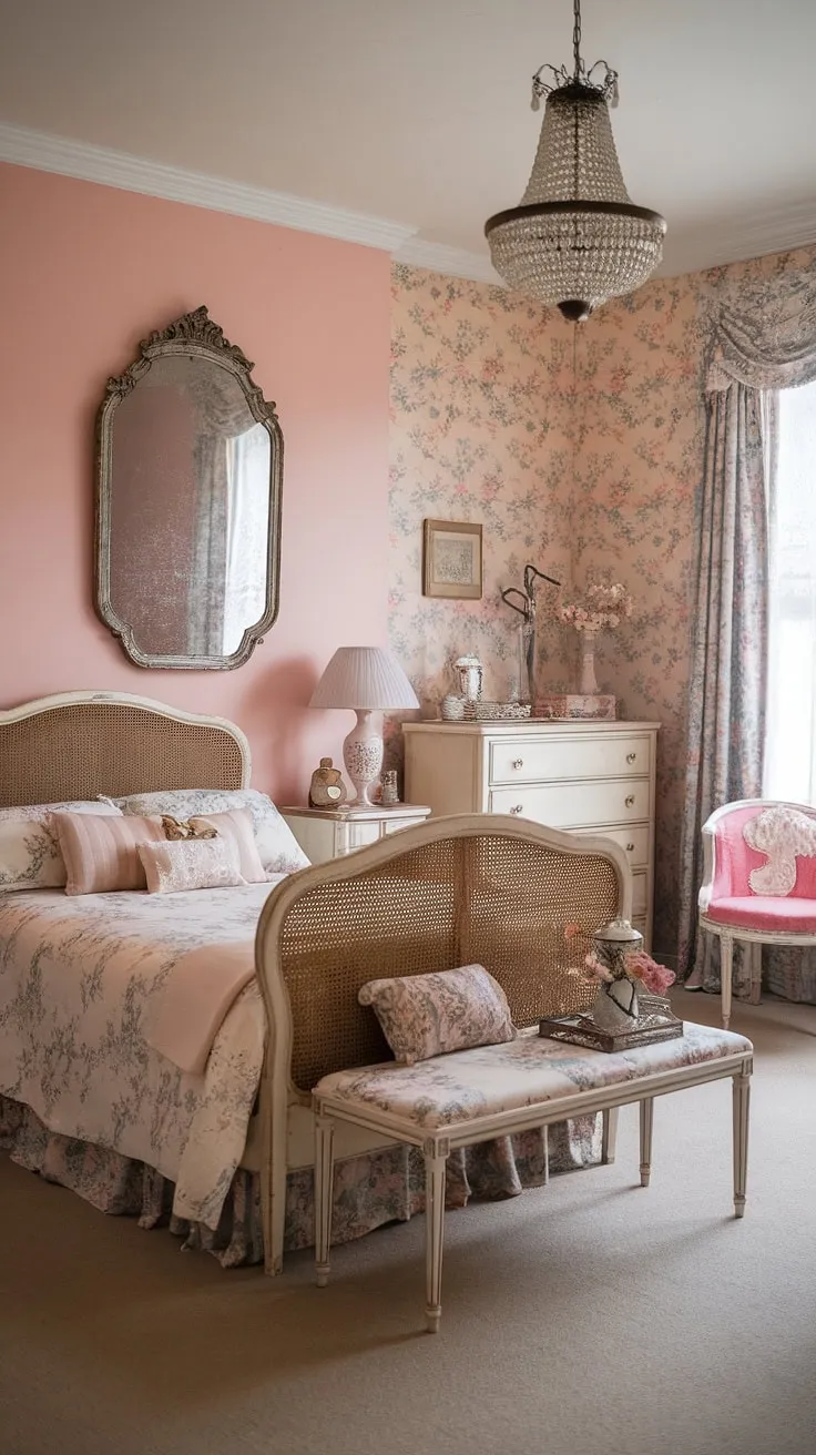 Step into a world of delicate charm and vintage elegance. This shabby chic bedroom, with its pastel hues, floral patterns, and antique mirror, whispers tales of bygone eras. The woven headboard and ornate chandelier add to the room's captivating allure, creating a space where dreams are as soft as the floral fabrics. A perfect sanctuary for quiet contemplation and peaceful slumber.