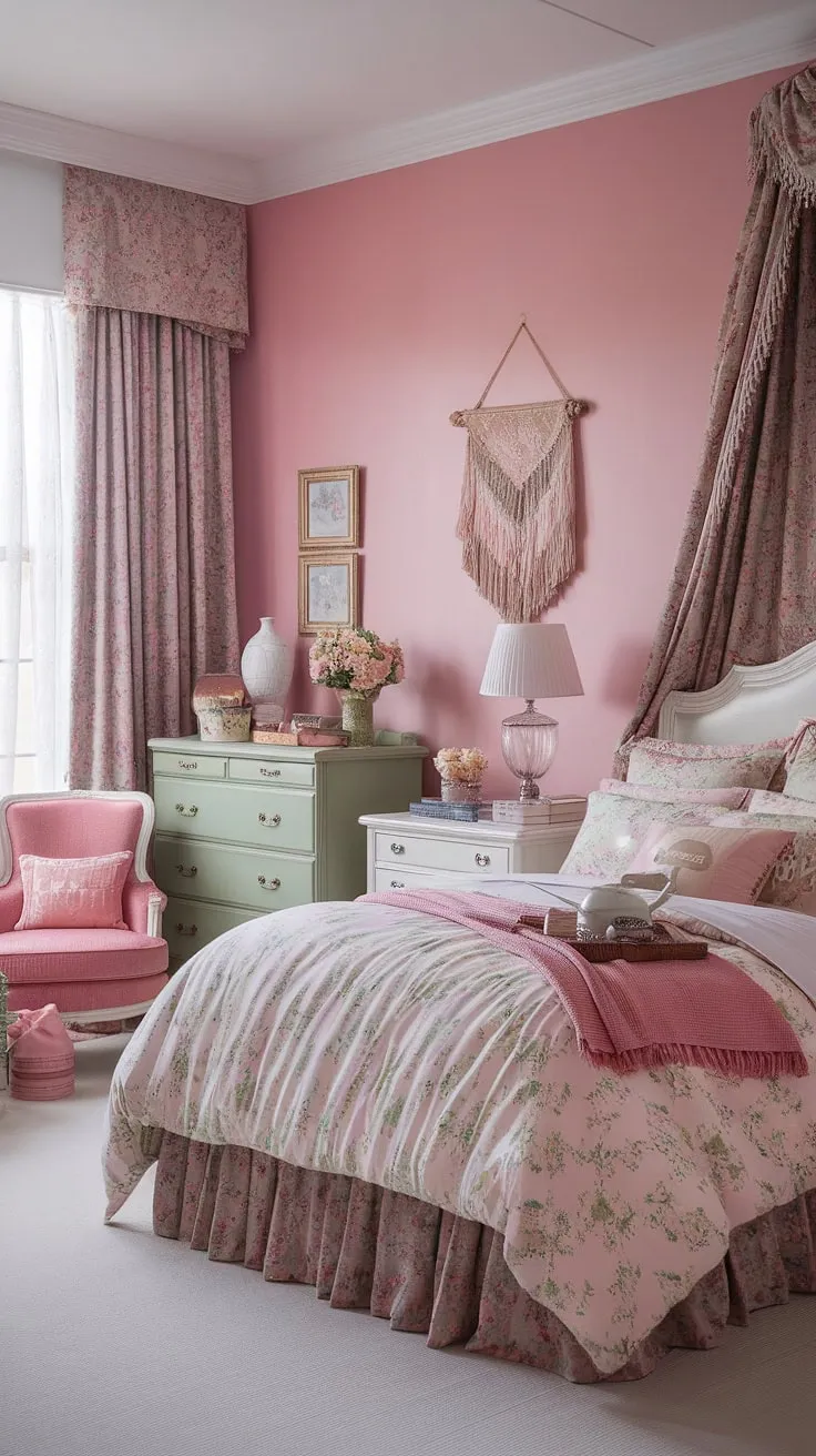 Step into a dreamy escape where vintage charm meets modern femininity. This shabby chic bedroom, with its blush pink walls and playful pink and green bedding, is the perfect blend of nostalgic elegance and grand millennial style. A haven of tranquility awaits.