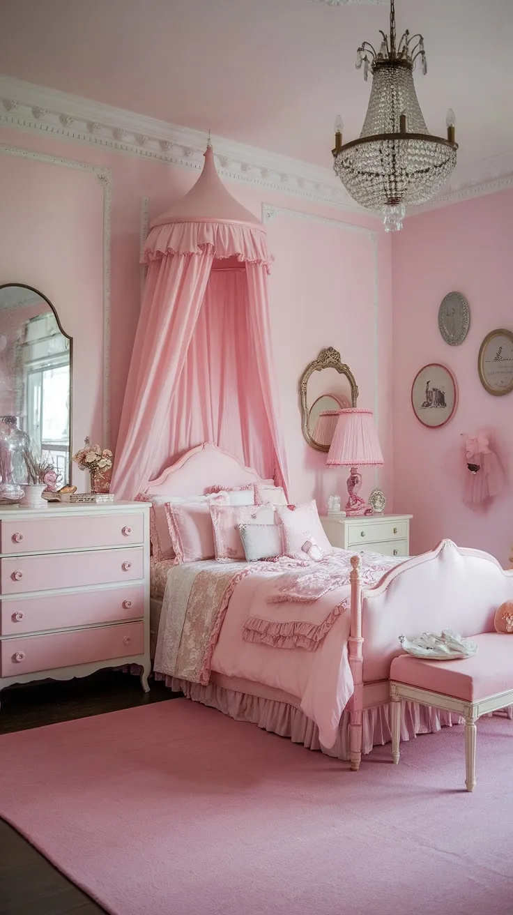 Lost in the whimsical world of this pink and white haven. Every corner of this grand millennial bedroom whispers stories of vintage elegance, from the ornate chandelier to the charming white dresser with its playful pink drawers. The delicate details and carefully curated vintage decor create a space that's both sophisticated and utterly enchanting, a testament to the power of a curated aesthetic.