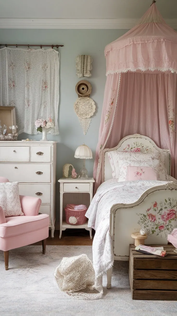 Step into a world of vintage whispers and floral dreams. This shabby chic bedroom, painted in a calming light blue, is a testament to the beauty of aged elegance. The white furniture, delicate details, and charming accessories create a space that's both romantic and utterly inviting. A truly enchanting escape.