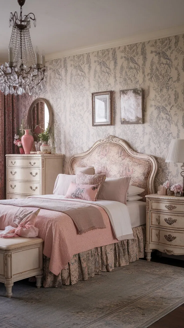 Step into a world of vintage charm and feminine grace. This shabby chic bedroom, with its floral wallpaper, intricately carved furniture, and a queen-sized bed fit for a dream, embodies the perfect blend of grandmillennial style and timeless elegance. The soft lighting and carefully curated details create a haven of tranquility and understated luxury.