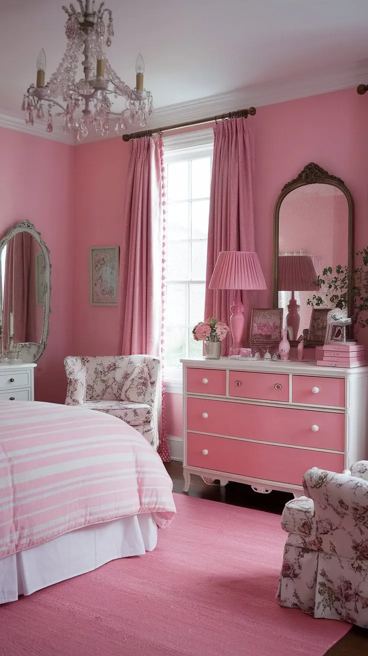 Step into a world of whimsical charm and vintage elegance. This shabby chic bedroom, painted in a soft blush pink, is a dreamy haven where delicate floral patterns meet the comforting textures of a striped blanket and a plush pink rug. The antique chandelier casts a warm glow, illuminating the carefully curated details, from the painted dresser to the ornate mirror, creating a space that's both playful and sophisticated. A perfect retreat for anyone who appreciates the beauty of bygone eras.