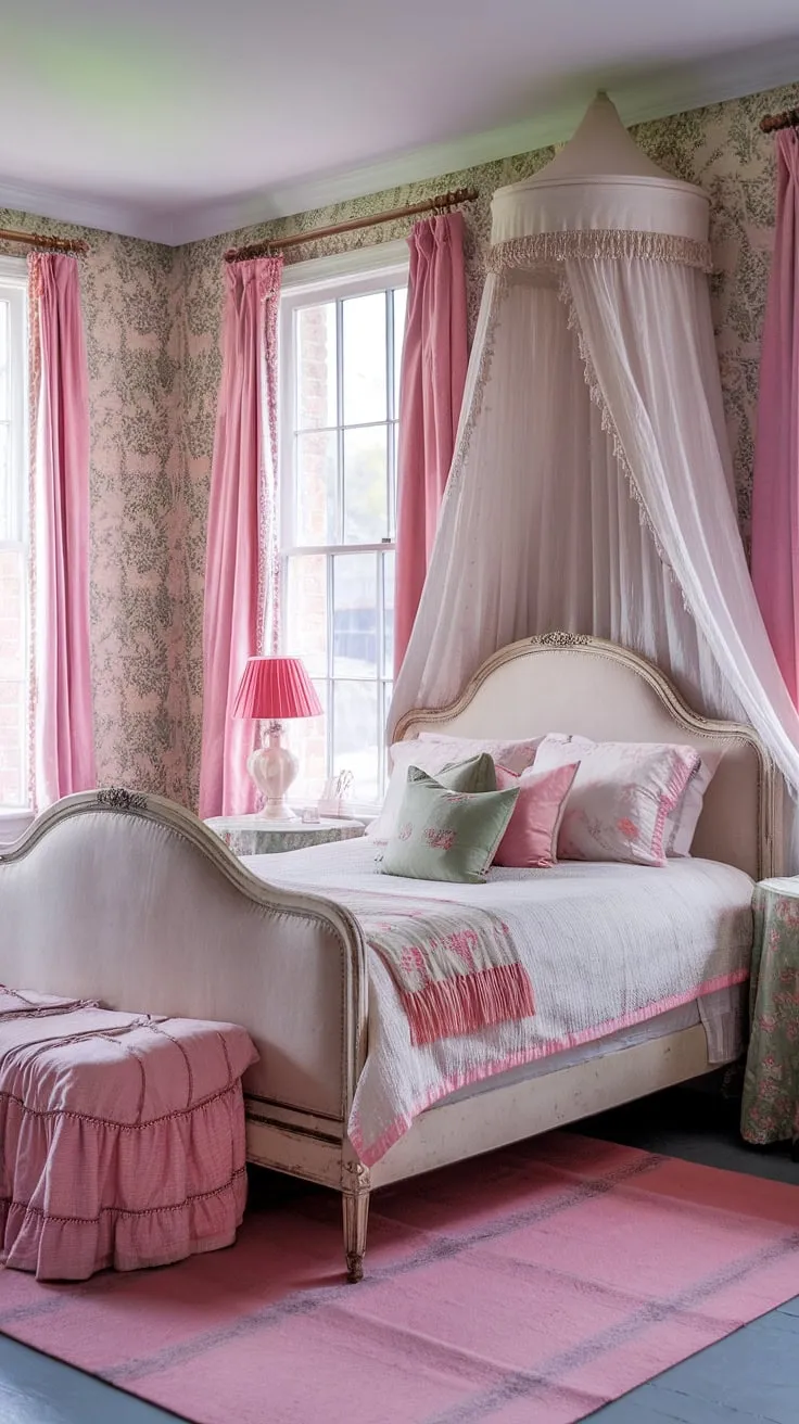 Step into a world of delicate beauty and whispered secrets. This vintage bedroom, with its soft pink hues, floral wallpaper, and charming canopy bed, is the epitome of girly elegance. Every detail, from the antique headboard to the plush pink rug, contributes to an atmosphere of pure tranquility and romantic charm.