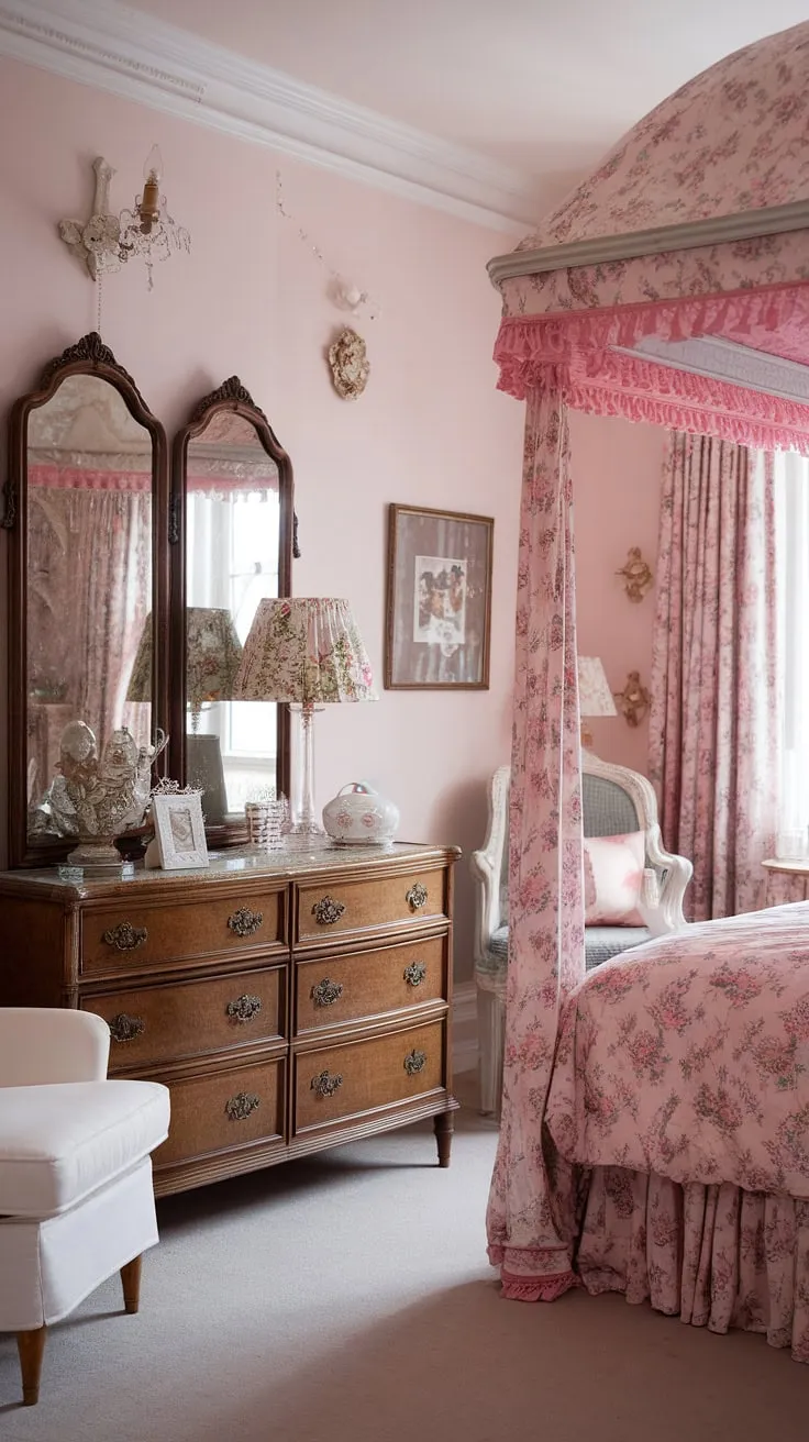 Step into a world of vintage charm and girly dreams in this shabby chic bedroom. The floral canopy bed, antique dresser, and delicate details create a space that's both romantic and utterly captivating. A perfect haven for quiet moments and sweet slumber.