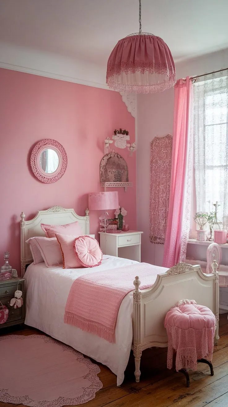 Step into a world of whimsical charm and delicate details. This shabby chic bedroom, painted in a soft pink, is a haven of vintage girly delights, complete with a pristine white bed, fluffy pink pillows, and a collection of treasured trinkets. The gentle light filtering through the lace curtains casts a warm glow, creating the perfect atmosphere for sweet dreams.