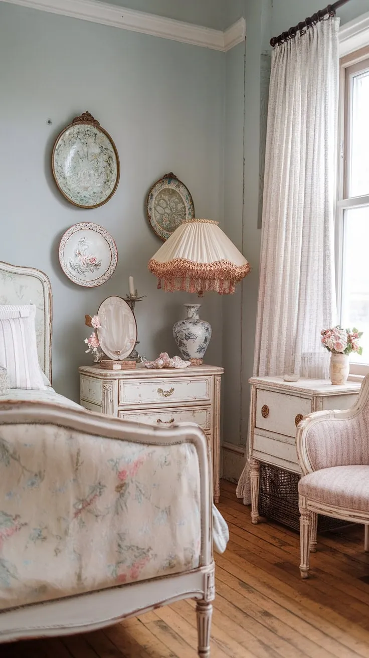 Lost in the dreamy details of this shabby chic bedroom; the floral bedding, vintage lampshade, and delicate decor create a haven of feminine charm. A perfect blend of old-world elegance and modern sensibilities, it's a space where tranquility meets playful personality. A truly enchanting retreat.