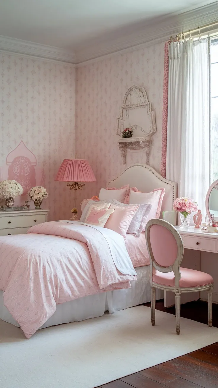 This vintage-inspired bedroom is a testament to the enduring appeal of shabby chic. The delicate pink palette, coupled with the carefully curated vintage pieces, creates a space that's both romantic and effortlessly stylish. A sanctuary of calm and femininity, it's a room where dreams are made. A truly delightful escape.