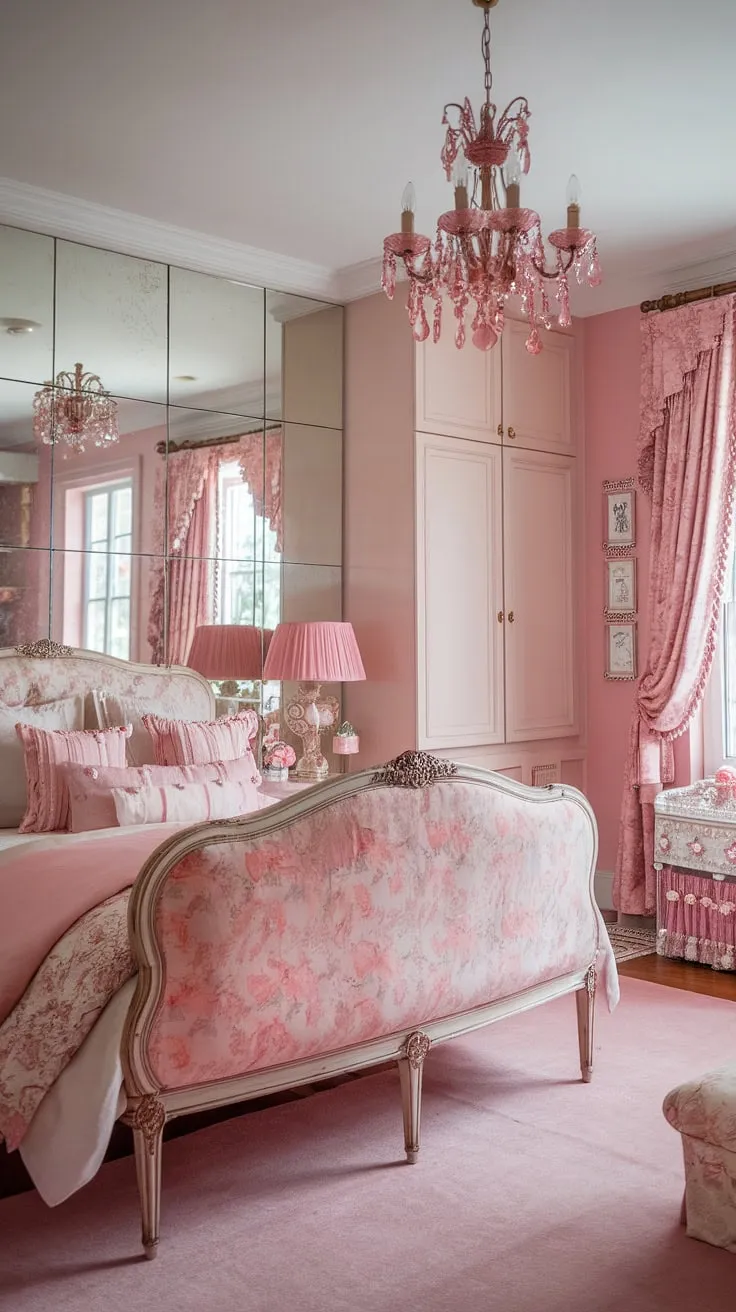 Step into a dream: This shabby chic bedroom, with its soft pink hues and vintage floral details, is the epitome of feminine charm. The grand millennial style is perfectly captured in the elegant details, from the pink chandelier to the antique mirror reflecting a space of pure tranquility. A haven of peace and pretty things.