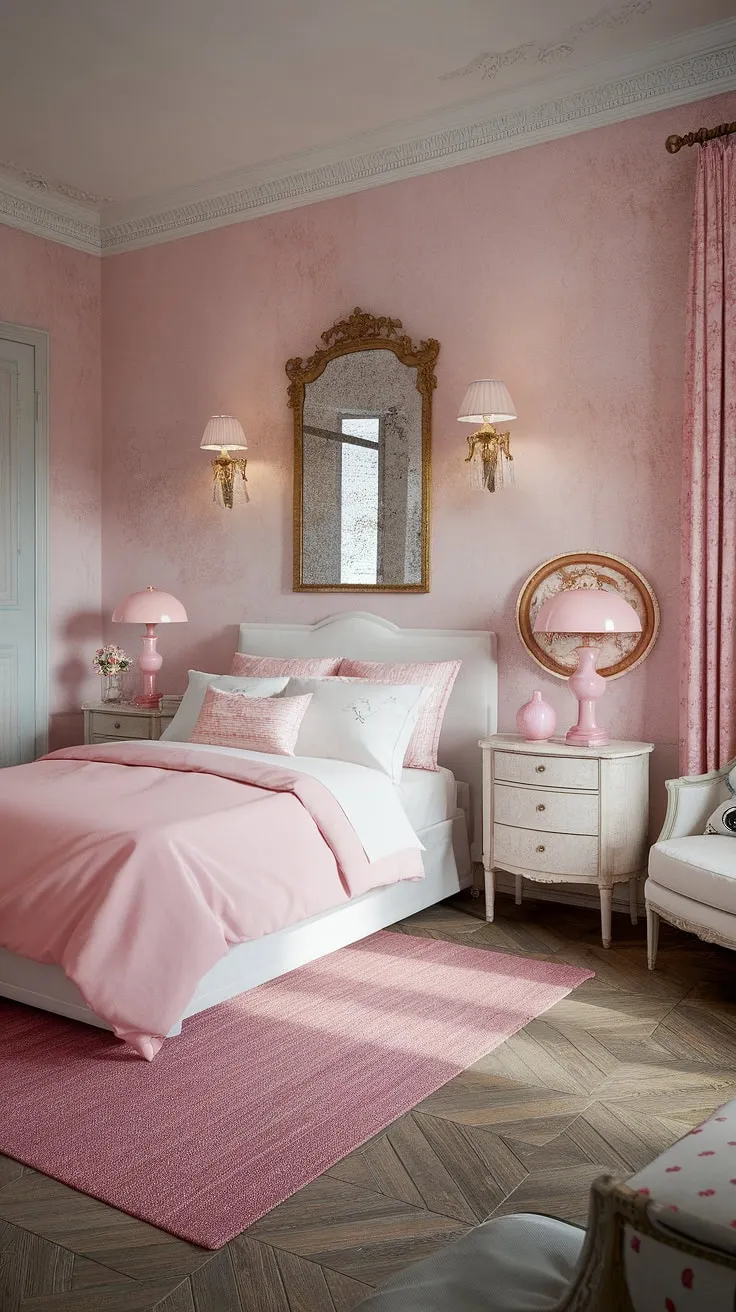 Lost in the loveliness of this shabby chic retreat. A symphony of soft pinks and whites creates a serene atmosphere, while the vintage details add a touch of whimsical charm. The carefully curated décor, from the antique mirror to the fluffy rug, speaks to a refined aesthetic that's both timeless and utterly captivating. A truly enchanting space to unwind and dream.