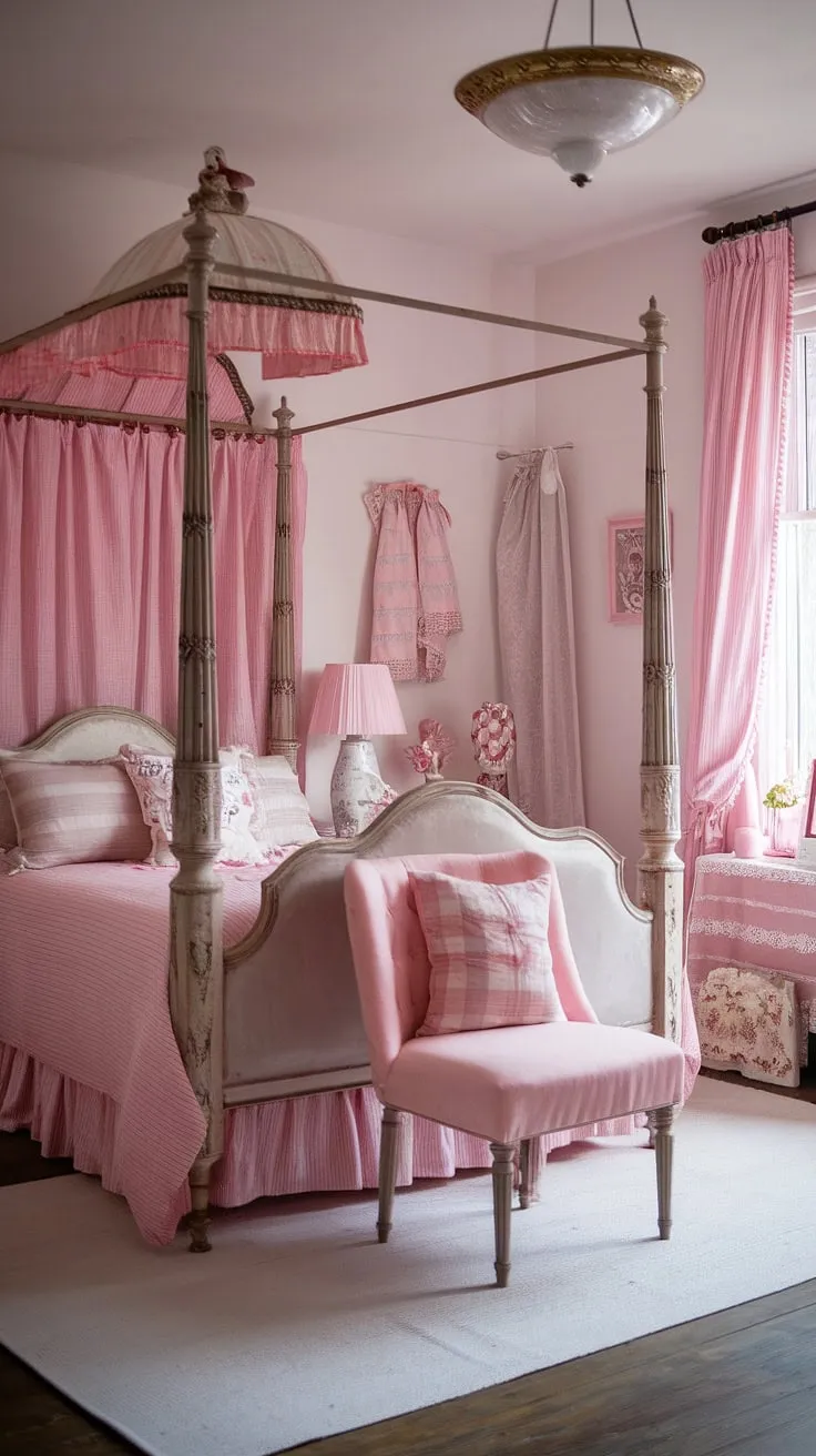 Step into a world of whimsical charm and delicate details. This shabby chic bedroom, painted in soft pinks and whites, is a haven of tranquility, a perfect retreat for dreamy nights and peaceful mornings. The vintage four-poster bed, adorned with pink curtains, invites you to sink into its embrace. A delightful array of pink and white striped textiles and decorative items complete the look, creating a space that is both elegant and utterly feminine.