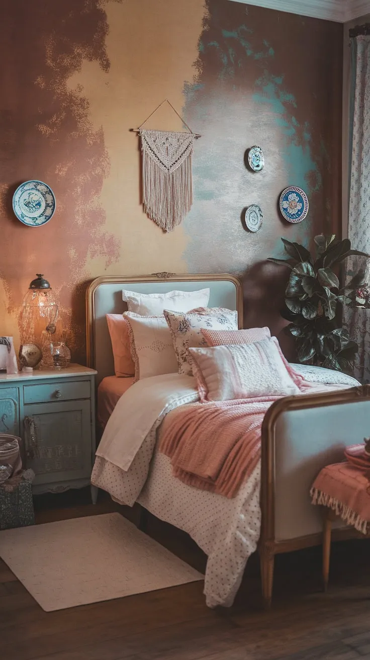 Step into a world of whispered secrets and dreamy nights in this vintage-inspired bedroom. The soft pink and white bedding, paired with the warm wood tones and charming details, create a space that's both elegant and inviting. A perfect haven for quiet contemplation and sweet dreams.