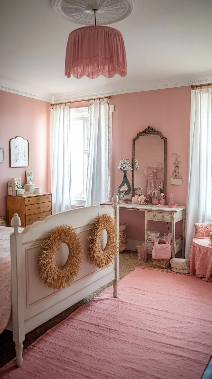 Step into a world of delicate charm and vintage whispers. This shabby chic bedroom, painted in a soft blush pink, is a haven of feminine tranquility, complete with a straw-detailed bed frame, a rosy rug, and antique accents that tell a story. A perfect blend of old-world elegance and modern comfort. A dreamy escape awaits.