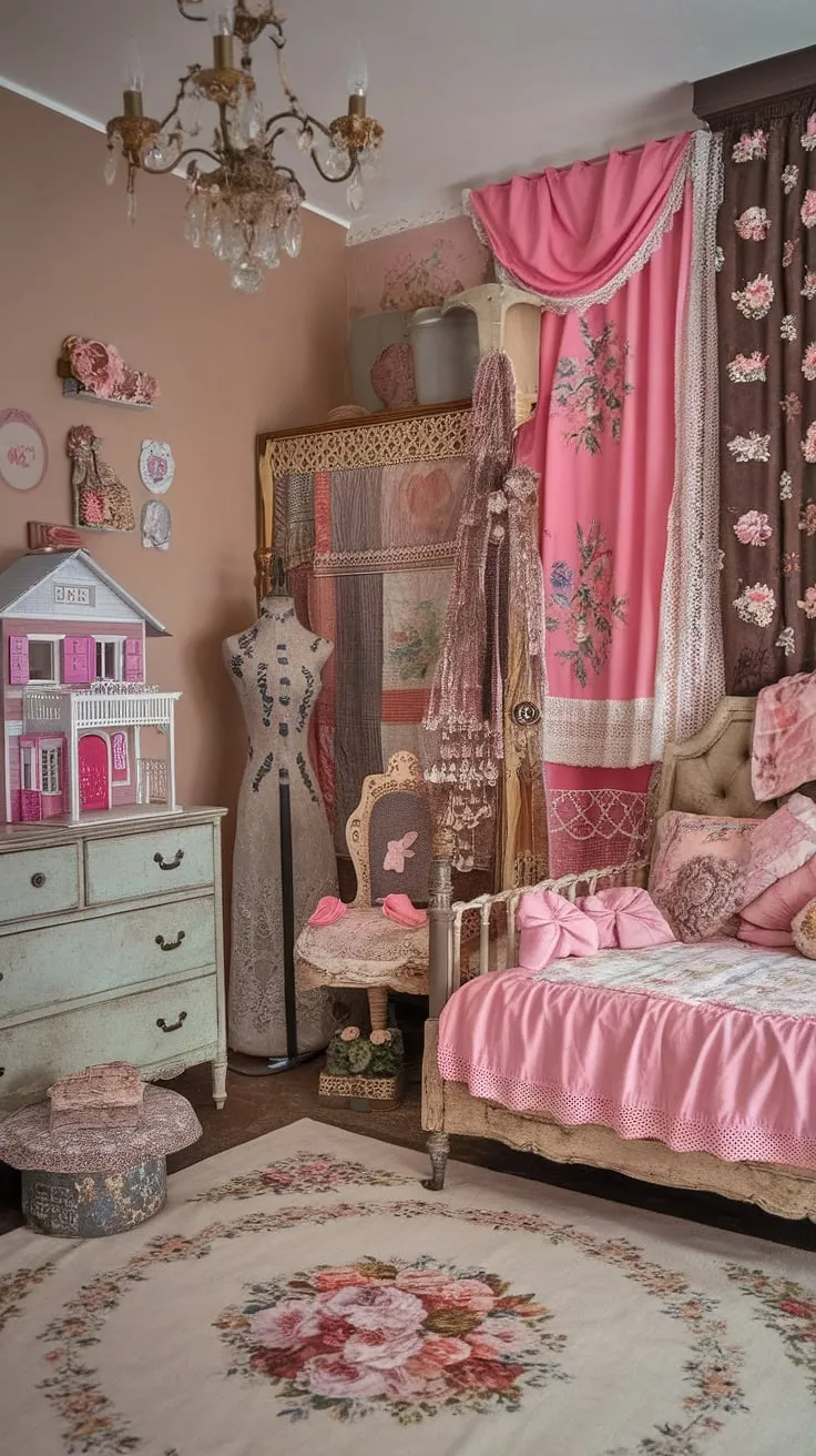 Step into a world of vintage charm and feminine grace, where shabby chic meets grand millennial style. The delicate floral patterns, antique furniture, and a touch of playful whimsy create a bedroom that's both sophisticated and utterly enchanting. A perfect blend of old-world elegance and modern sensibilities, this space is a testament to the enduring beauty of bygone eras. A truly dreamy retreat.