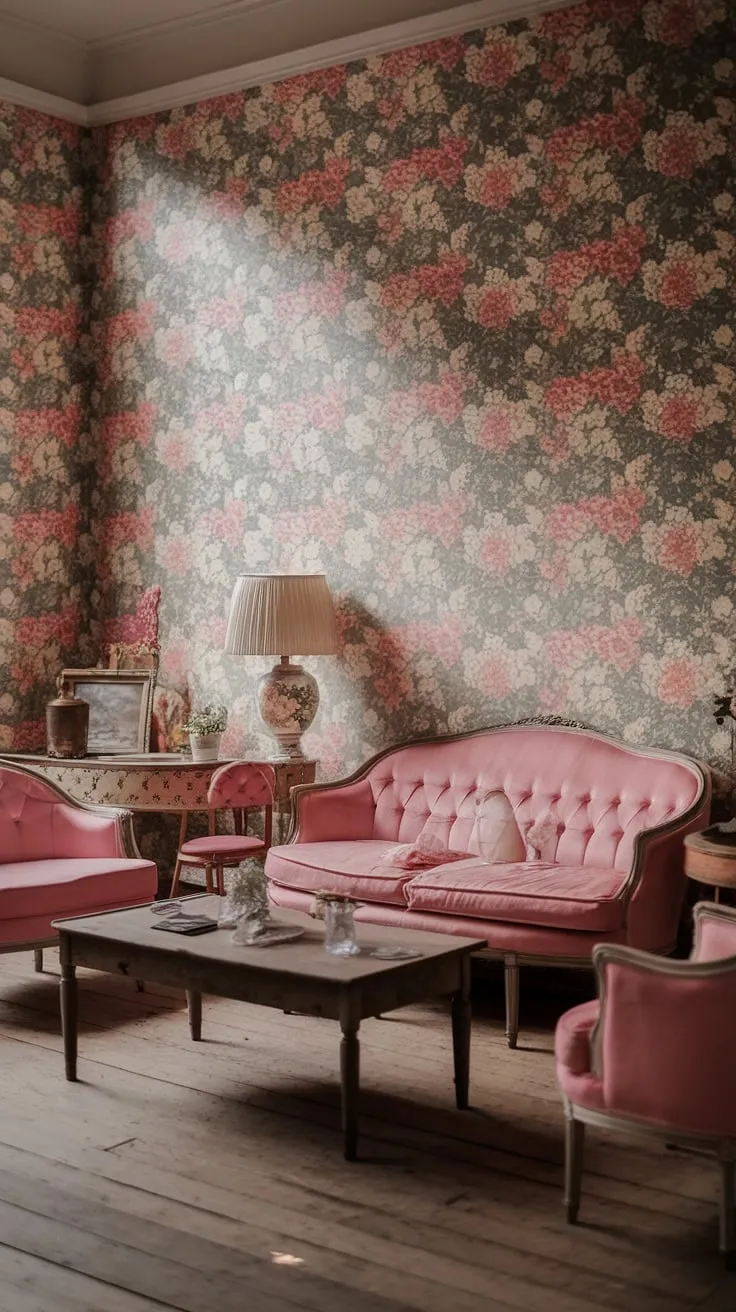 Lost in the loveliness of this vintage haven. A symphony of soft pinks and delicate florals creates a truly enchanting atmosphere. The worn wooden floors and charming furniture pieces tell a story of cherished memories and timeless style. A sanctuary where tranquility reigns supreme.