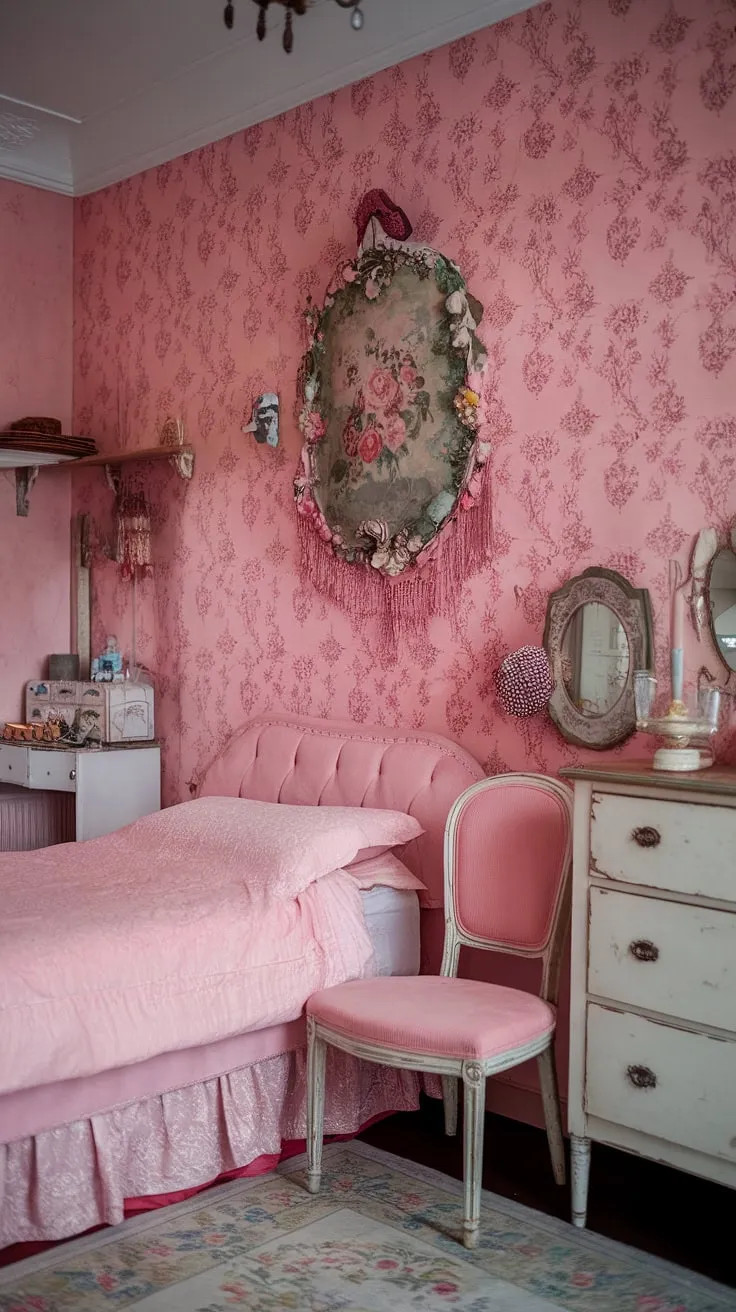 Lost in the dreamy details of this vintage pink bedroom. A perfect blend of shabby chic elegance and cozy comfort, every corner is filled with romantic charm. The floral wallpaper and antique furniture create a space that feels both timeless and utterly captivating. A haven of peace and quiet.