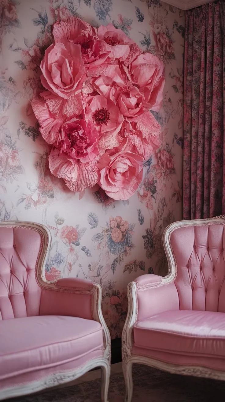 Lost in the loveliness of this vintage pink paradise. A symphony of floral patterns and delicate details creates a dreamy atmosphere. The shabby chic wallpaper and furniture tell a story of cherished memories and enduring style. A space brimming with feminine charm and nostalgic appeal. A place to escape and simply be.