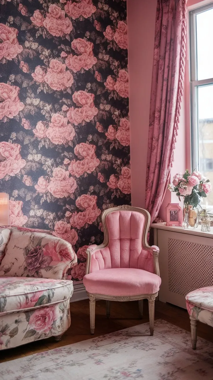 Lost in the delicate details of a shabby chic haven. A pink rose wallpaper sets the scene in this cozy vintage apartment, complemented by a luxurious pink velvet chair and an abundance of vintage floral room decor. A truly enchanting space where time seems to slow down.