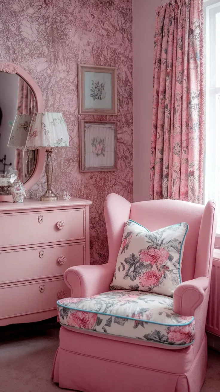 Step into a sanctuary of pink and floral romance. This Victorian-inspired living room, with its antique dresser and charming floral wallpaper, is a delightful blend of shabby chic elegance and girly charm. A perfect escape for those who appreciate the beauty of the past.