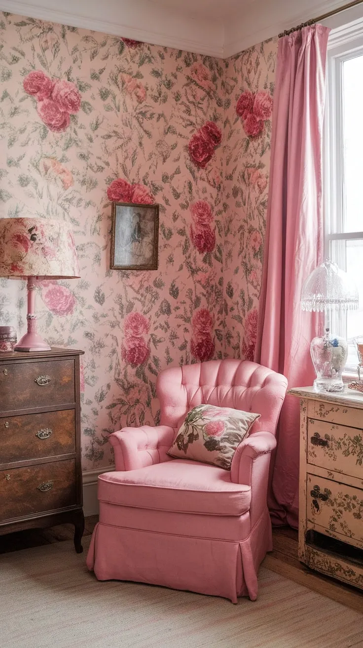 Step into a world of faded roses and whispered secrets in this cozy vintage apartment. The pink armchair, floral wallpaper, and antique dresser create a dreamy, shabby chic haven, perfect for curling up with a good book. A vintage lamp casts a warm glow, completing this charming, girly escape.