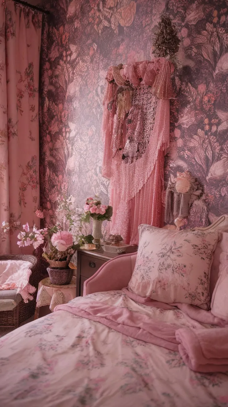 Lost in the dreamy floral embrace of this vintage haven. The shabby chic details and soft pink hues create a truly enchanting and cozy atmosphere; a perfect blend of feminine charm and timeless elegance. A sanctuary of delicate beauty, where every corner whispers stories of bygone eras.