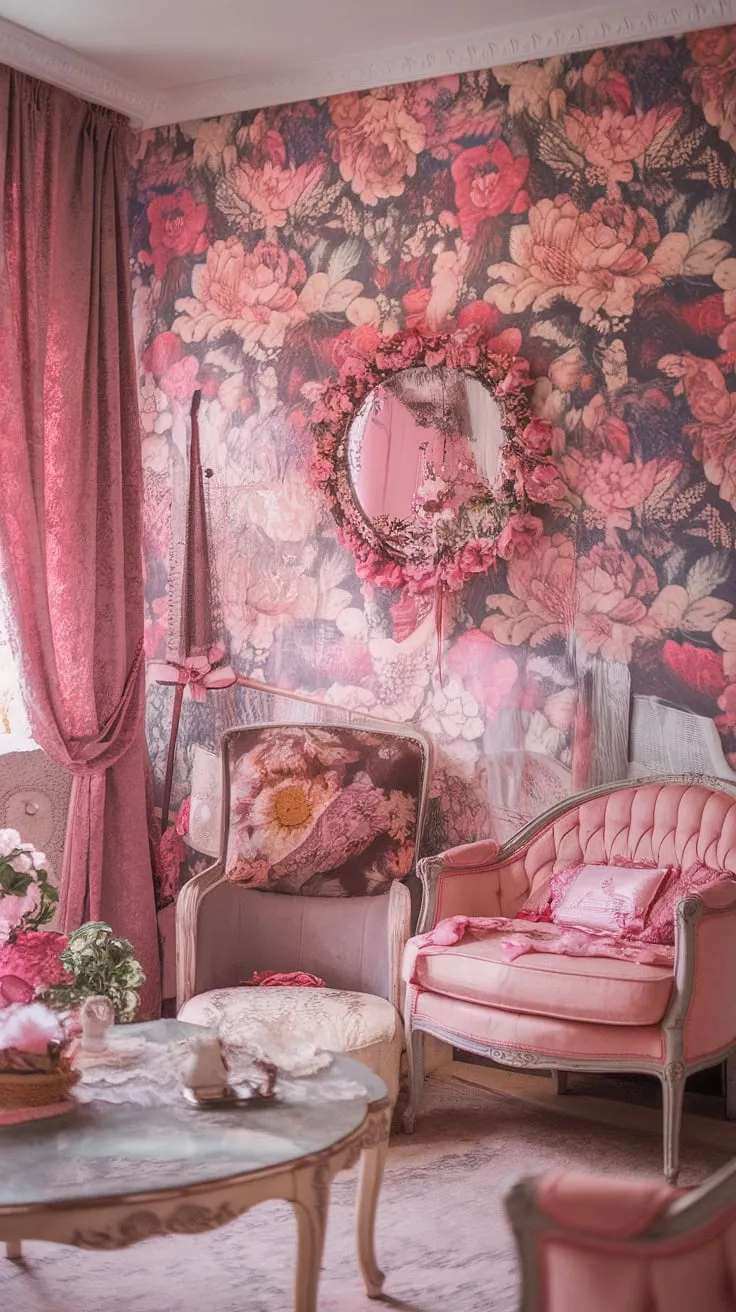 Lost in the charming details of this vintage haven, where floral wallpaper whispers stories of bygone eras and a soft pink palette creates a truly feminine retreat. The shabby chic aesthetic, with its delicate floral decor, perfectly captures the cozy essence of a vintage apartment. A perfect blend of old-world charm and modern comfort.