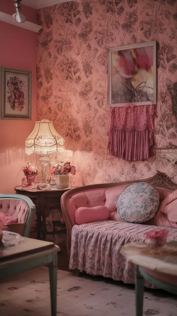 Lost in the loveliness of this vintage apartment. The pink Victorian aesthetic, complete with floral wallpaper and a delightful mix of wooden and pastel furniture, creates a truly enchanting space. The soft lighting and carefully chosen floral accents-cushions, lampshades, and artwork-all contribute to a cozy and undeniably girly atmosphere. It's a room that embodies the spirit of shabby chic perfection. A