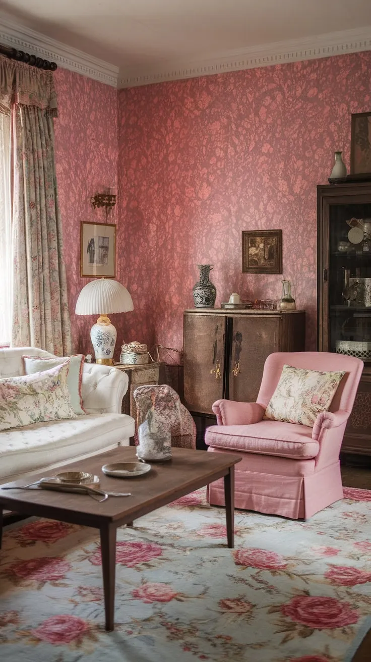 Lost in the loveliness of this vintage living room. The soft pink hues, floral patterns, and carefully curated antiques create a space that's both inviting and utterly captivating. Every detail, from the floral rug to the delicate lamp, contributes to the room's unique and enchanting atmosphere. A true testament to the enduring beauty of shabby chic style.