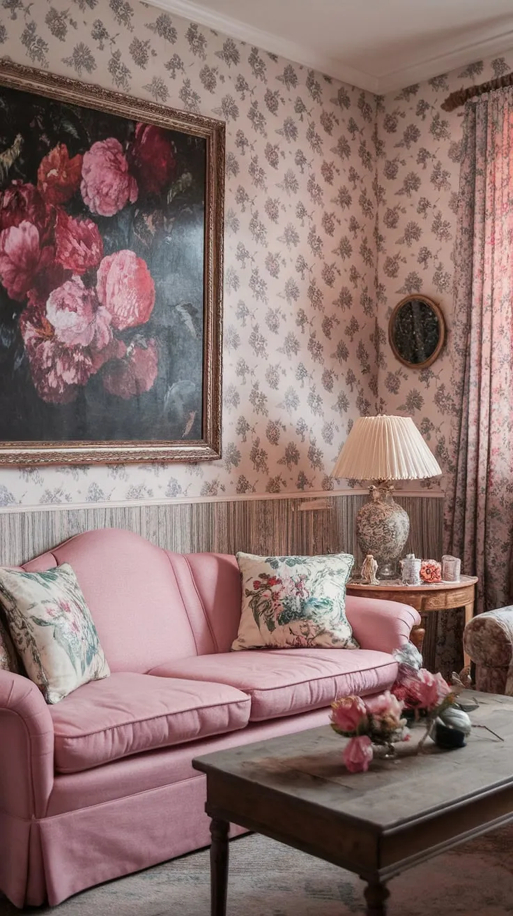 Lost in the charming details of this vintage floral haven. The faded pink couch, the antique lamp casting a warm glow, and the floral wallpaper all whisper tales of bygone eras. A perfect blend of comfort and nostalgic beauty. A truly enchanting space.