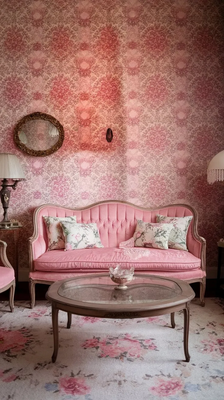 Lost in the loveliness of this vintage floral haven. Every detail, from the delicate pink wallpaper to the charming antique lamp, contributes to the room's irresistible shabby chic appeal. A truly enchanting space where comfort and style intertwine seamlessly.