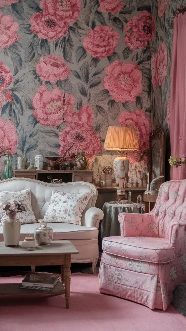 Lost in the loveliness of this vintage haven. The soft floral wallpaper, the inviting pink chair, and the charming details throughout create a space that's both beautiful and incredibly cozy. A testament to the enduring appeal of shabby chic style, it's a room that whispers stories of bygone eras and invites you to unwind. A sanctuary of peace and tranquility.