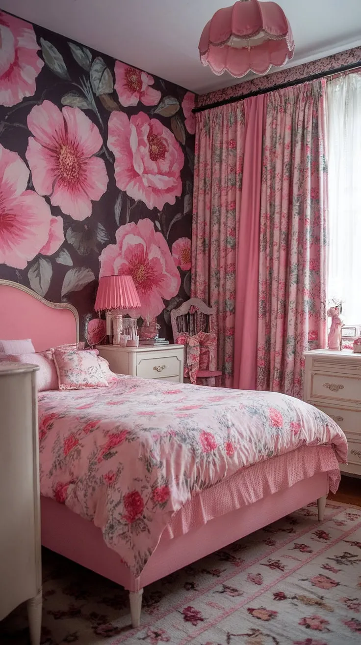 Lost in the loveliness of this pink paradise. Every detail, from the vintage floral wallpaper to the delicate lace accents, whispers of a bygone era of feminine grace. A perfect escape for anyone seeking a touch of whimsical romance.