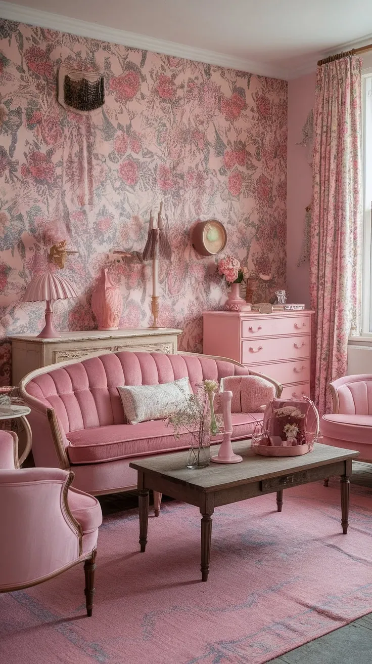 Step into a world of vintage charm where floral wallpapers whisper stories of bygone eras and blush pink velvet sofas invite you to sink into blissful relaxation. A symphony of delicate details, from the ornate Victorian bed to the lovingly curated accessories, creates a space that's both undeniably feminine and utterly captivating. A true haven of shabby chic elegance.