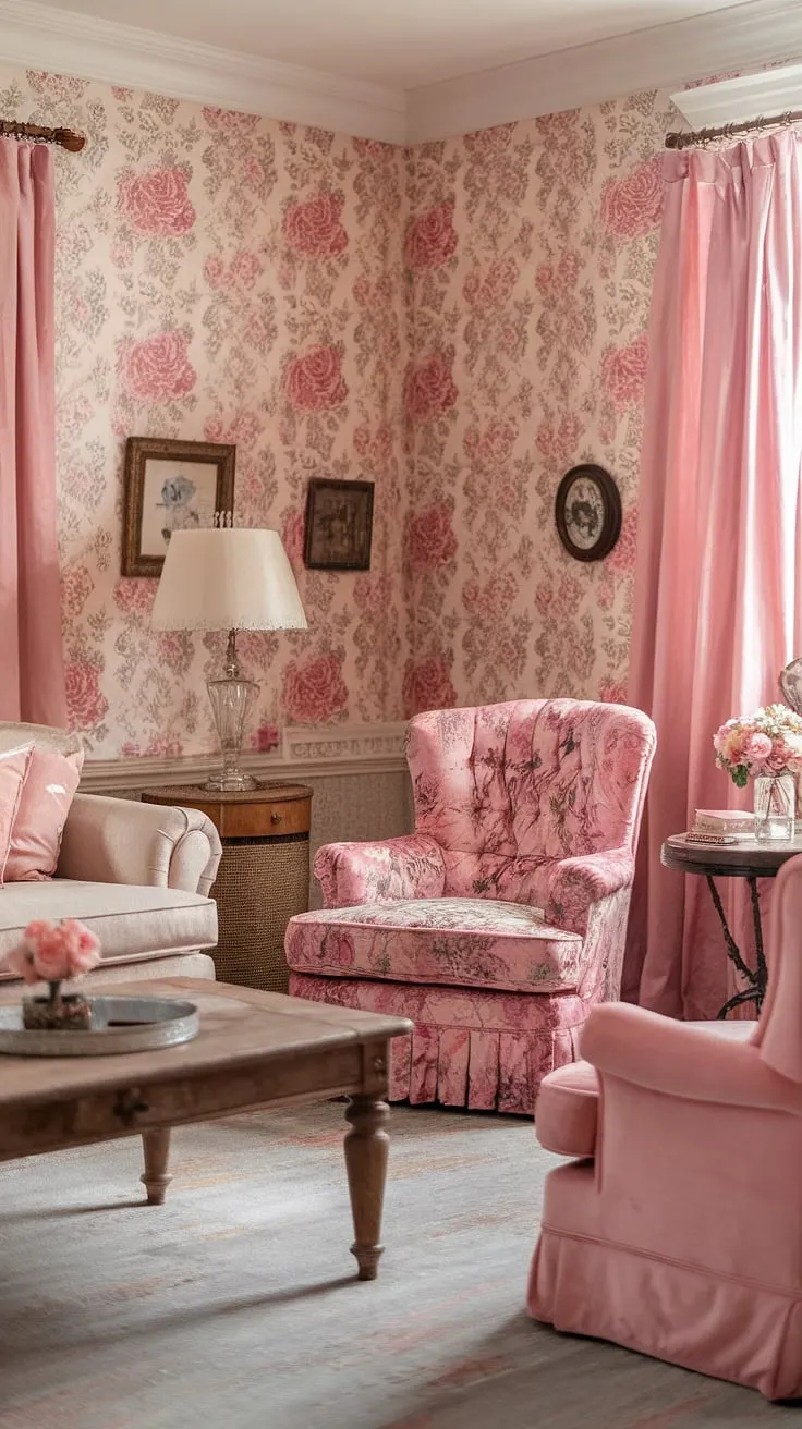 Step into a world of vintage charm and feminine grace. This shabby chic living room, adorned with pink roses and plush velvet, whispers tales of bygone eras. The soft lighting and delicate floral patterns create an undeniably cozy ambiance, perfect for curling up with a good book and a cup of tea. A haven of tranquility and understated elegance.