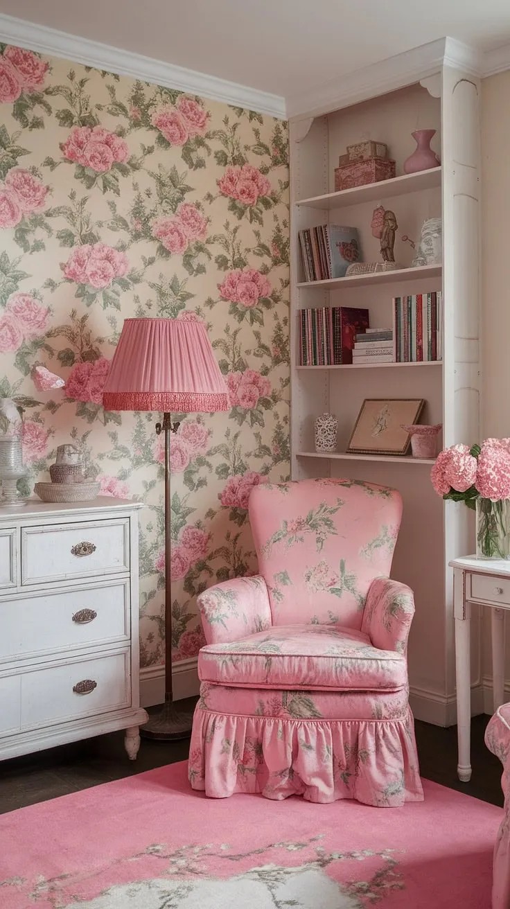 Step into a world of vintage charm and feminine grace. This shabby chic living room, bathed in soft beige and adorned with a captivating floral wallpaper, whispers tales of bygone eras. The pink accents, from the upholstered chair to the delicate lampshade, create a dreamy atmosphere, perfectly complemented by the white furniture and a touch of fresh pink blooms. A haven of tranquility and refined beauty.
