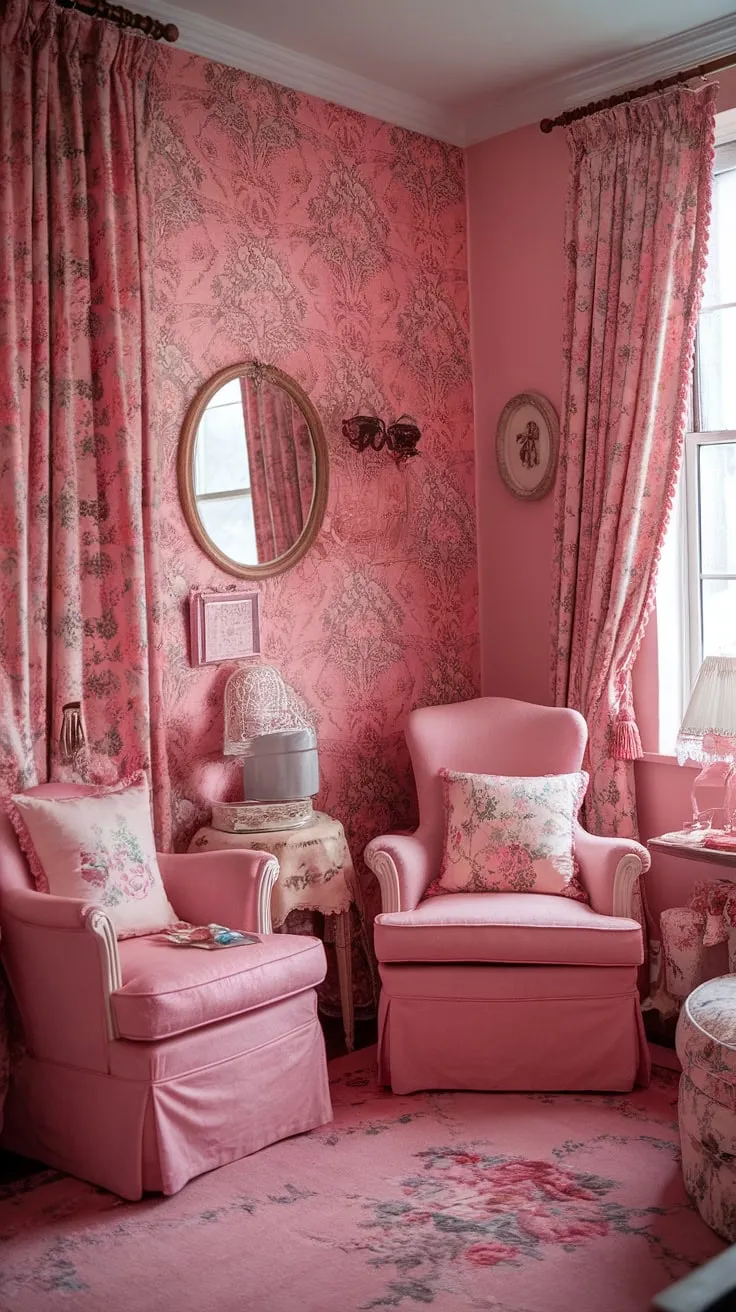 Lost in the dreamy floral embrace of this shabby chic haven; a vintage haven where pink hues whisper tales of bygone eras and every detail speaks of cherished memories. The gentle glow of the lamp, the ornate mirror reflecting a world of feminine charm, and the comforting textures create a space of pure nostalgic bliss.