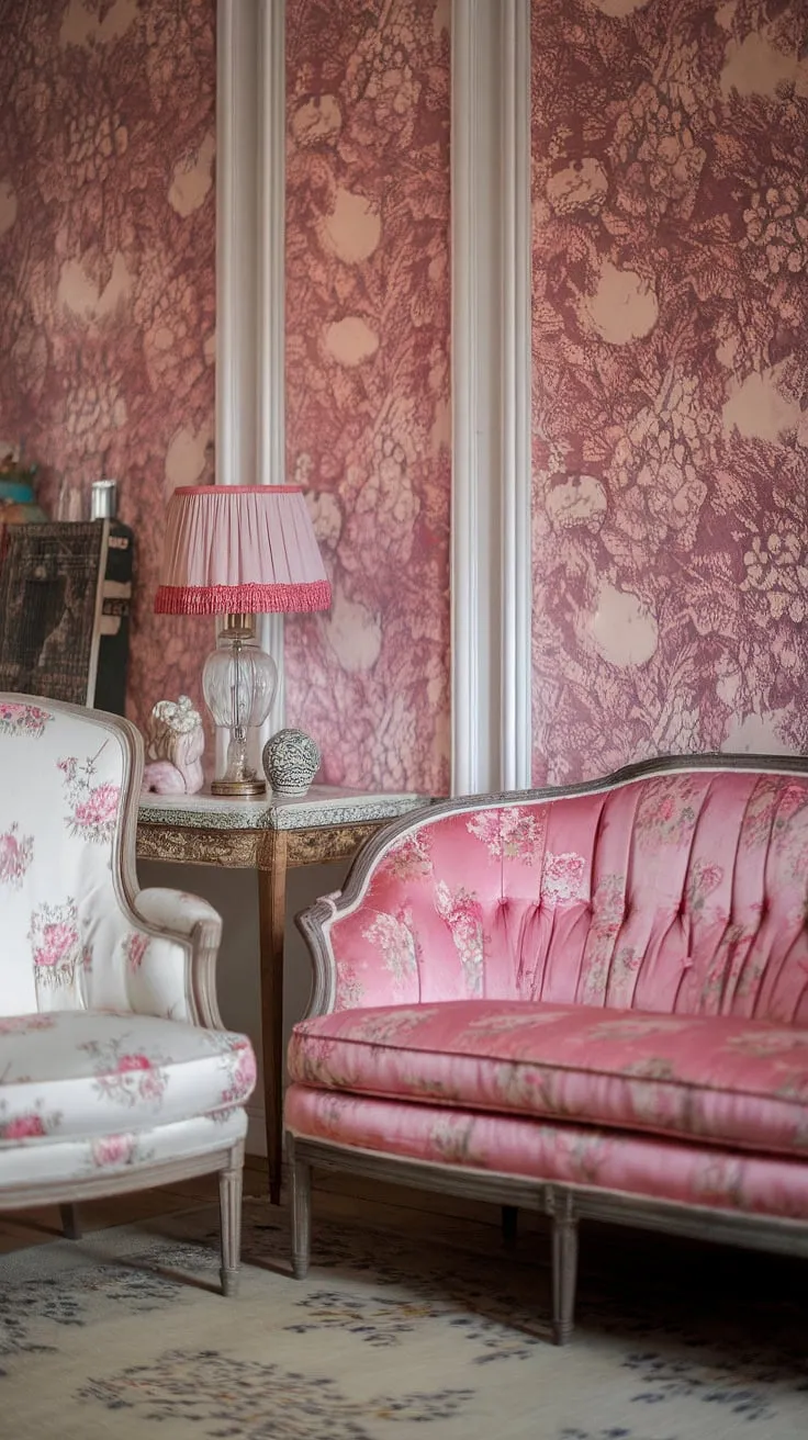 Lost in the loveliness of this floral-filled vintage haven. Every detail, from the delicate pink wallpaper to the charming patterned rug, whispers tales of bygone eras. A perfect blend of comfort and style, this room is a dream come true for lovers of shabby chic aesthetics. A sanctuary of peace and beauty awaits.