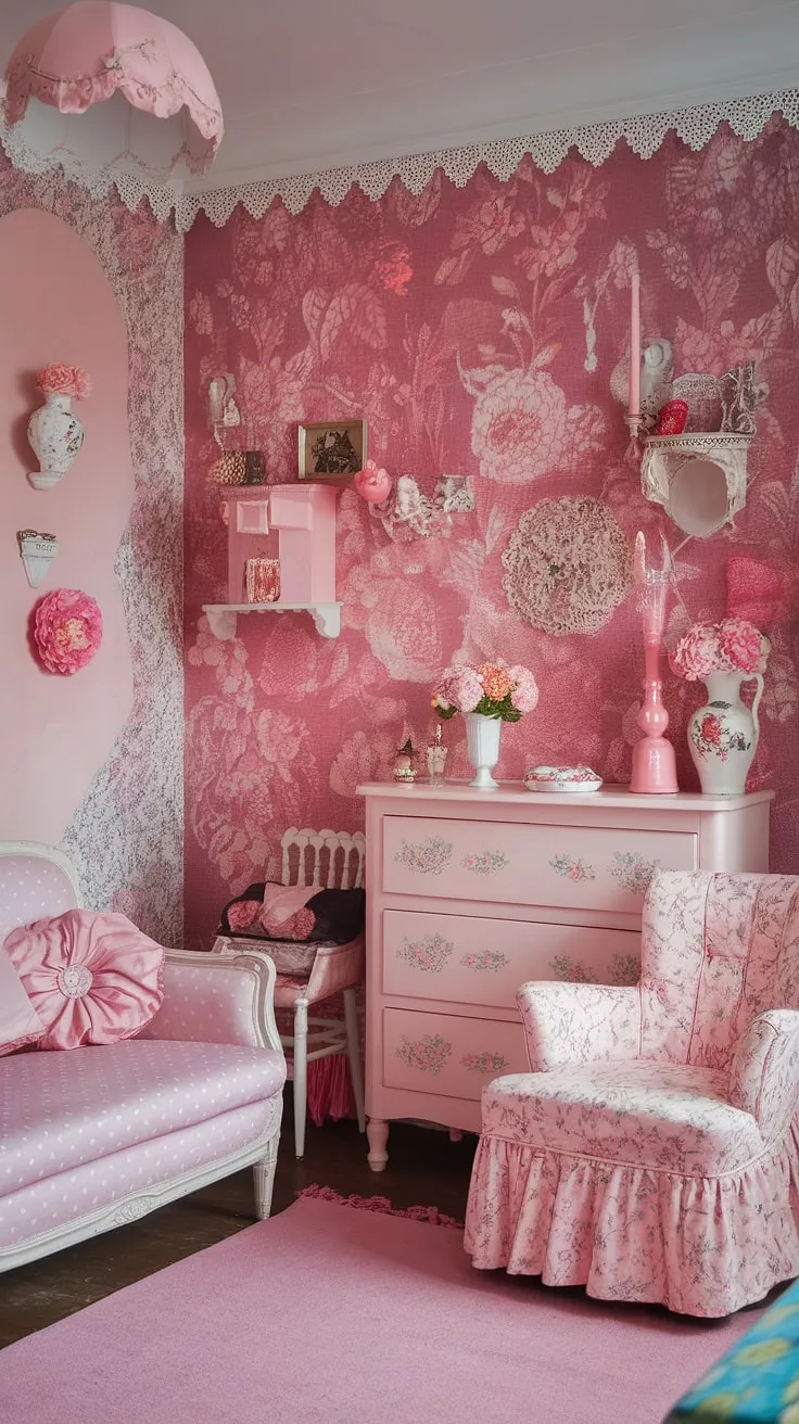 Step into a world of vintage charm and feminine grace. This shabby chic living room, with its delicate pink floral wallpaper and lace accents, whispers tales of bygone eras. The pink polka dot couch, floral armchair, and carefully curated accessories create a haven of cozy comfort. A perfect blend of old-world elegance and modern coziness.