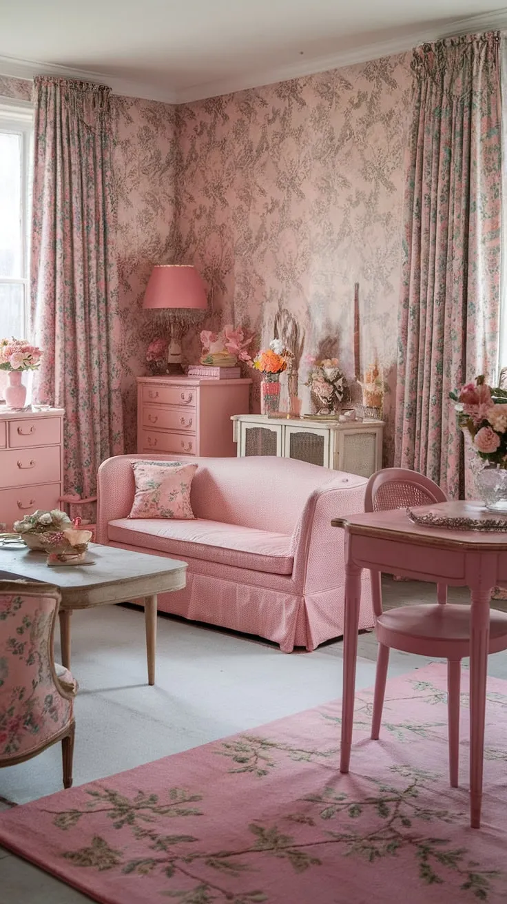 This dreamy escape is a testament to the enduring beauty of vintage style. A symphony of pink and floral details creates a space that's both playful and sophisticated. From the delicate floral wallpaper to the plush pink sofa, every element contributes to the overall feeling of romantic nostalgia. A truly enchanting retreat.