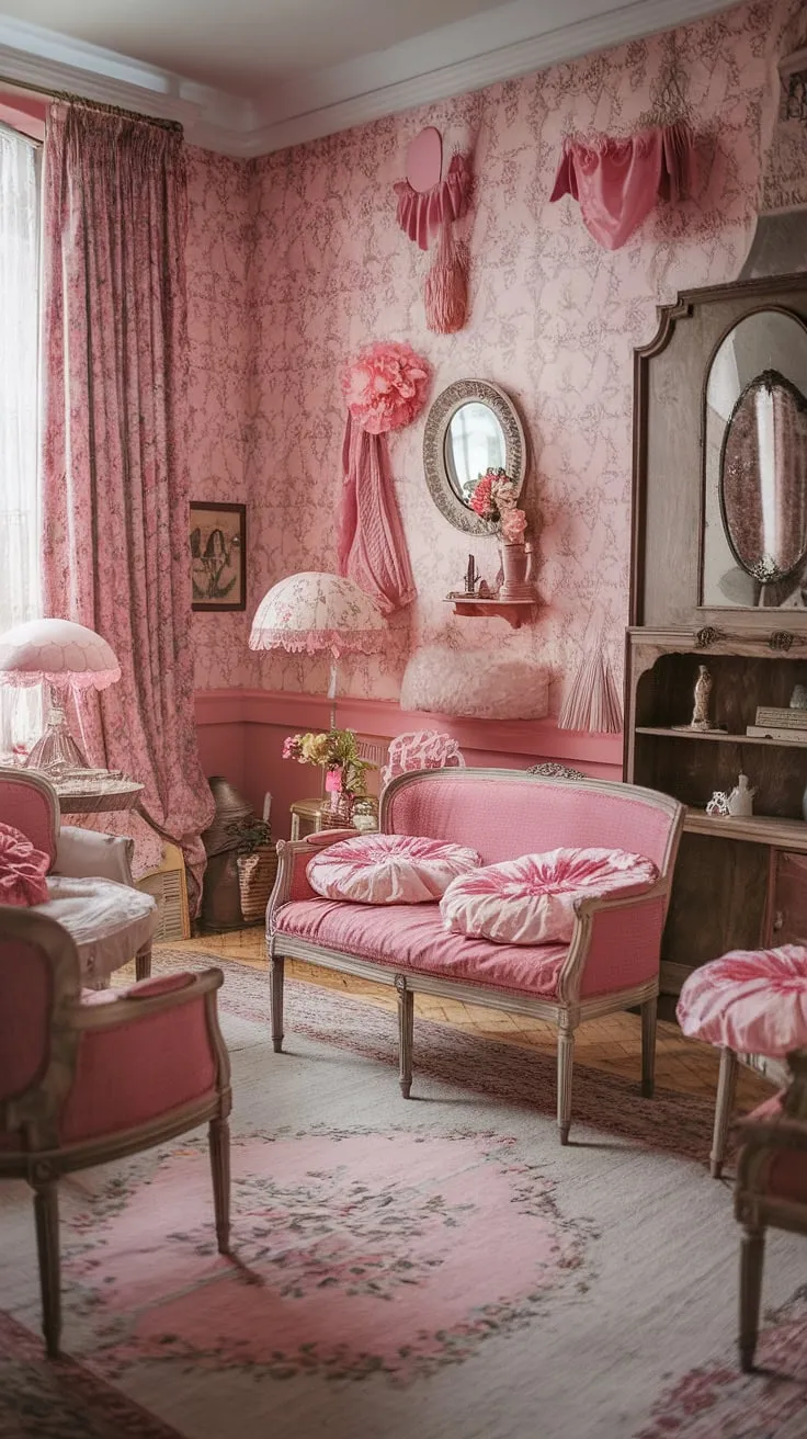 Step into a world of faded elegance and floral charm. This shabby chic haven, with its vintage furniture and delicate pink hues, whispers tales of bygone eras. The carefully curated details, from the antique lamp to the floral wallpaper, create a cozy ambiance that's both romantic and utterly captivating. A perfect blend of old-world charm and modern comfort.