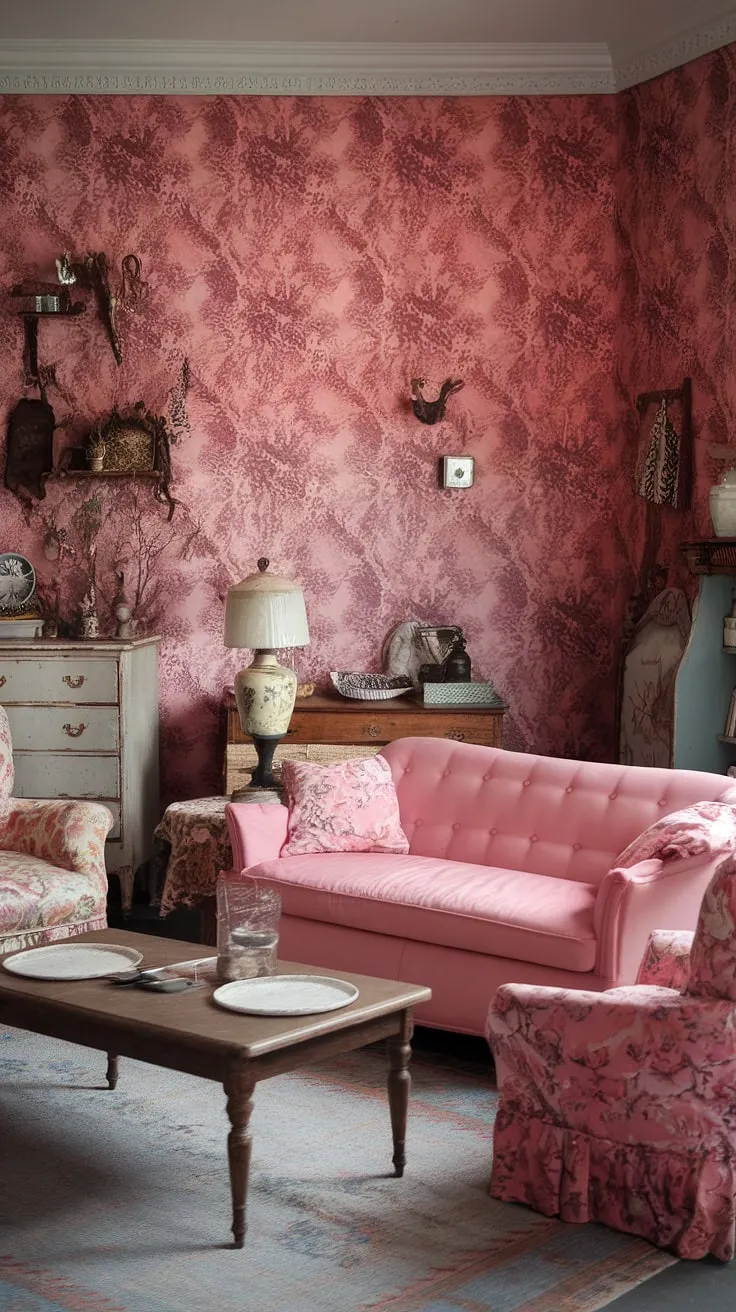 Step into a world of vintage charm and feminine elegance. This shabby chic living room, with its delicate pink floral wallpaper and cozy furnishings, is a haven of tranquility. The soft hues and carefully curated details create an atmosphere of pure bliss. A perfect blend of old-world romance and modern comfort.