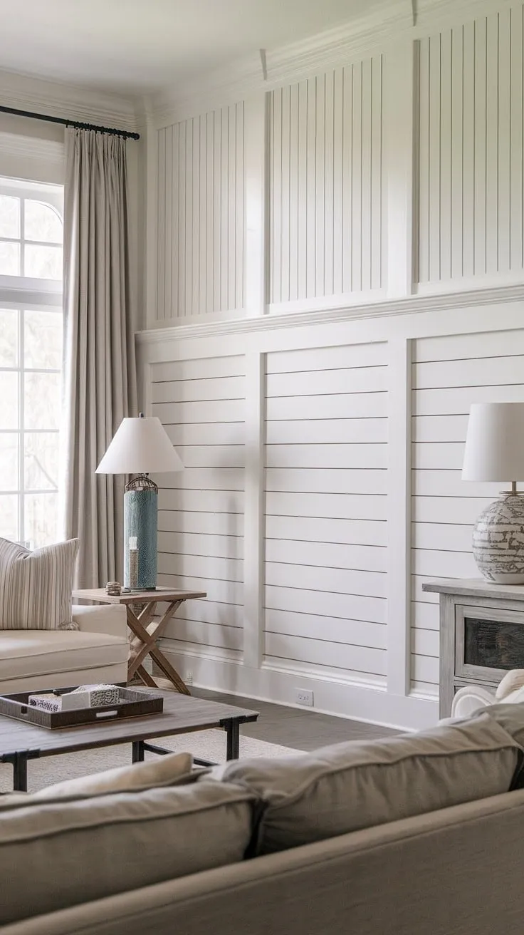 This wainscoting living room boasts a stunning blend of textures and styles.  The lower half features classic white paneling, a shiplap wainscoting design that seamlessly transitions into a sophisticated chair rail.  Above, a unique slatted wall adds depth and visual interest, creating a truly remarkable half panel wall and accent wall. The shiplap wall design, combined with the raised panel walls, elevates this space to a new level of elegance.