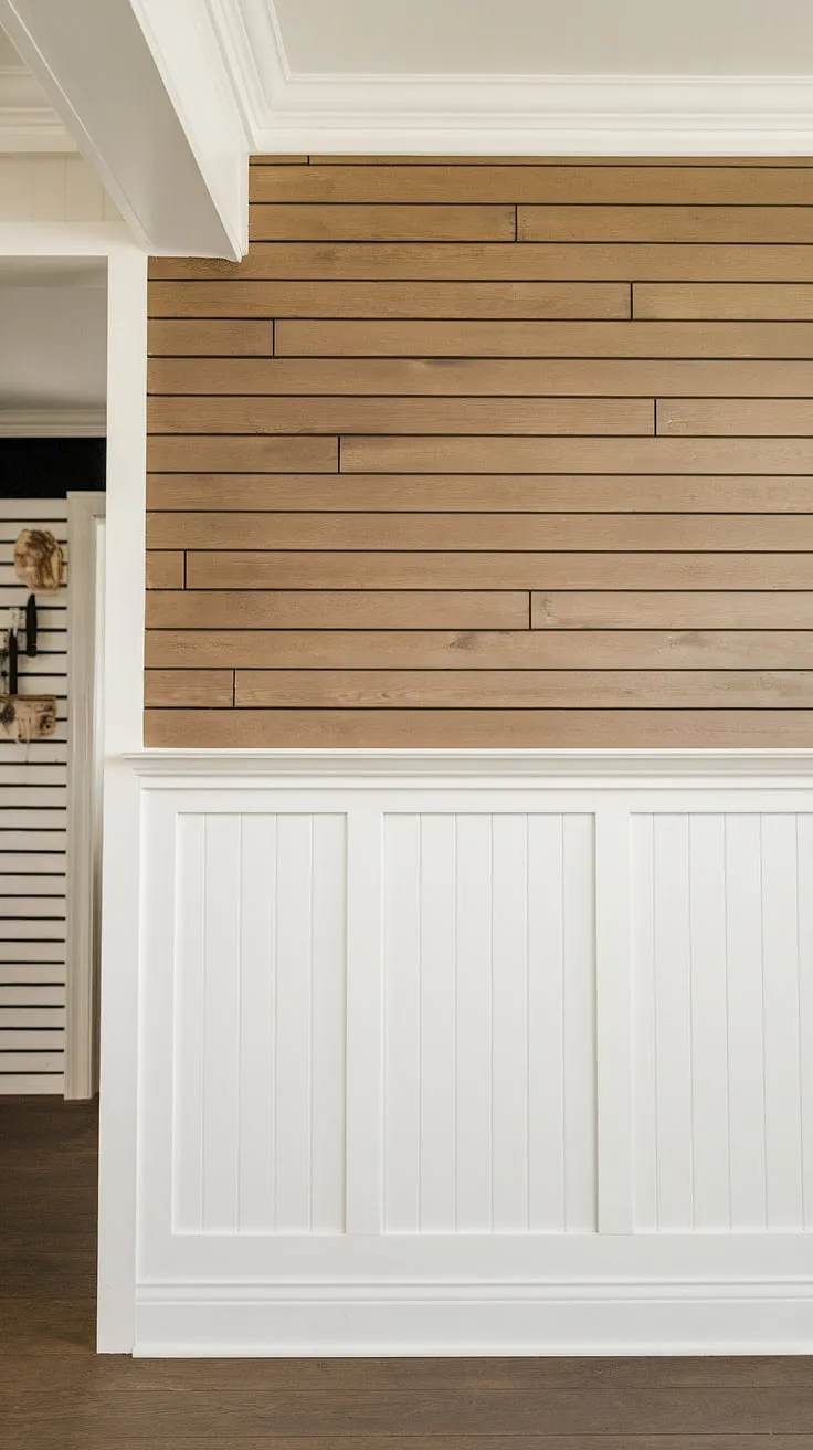 This wainscoting living room boasts a captivating accent wall, featuring a striking half panel wall design. The lower half showcases rustic shiplap with chair rail, while the upper half maintains a clean, modern aesthetic.  The shiplap wall is perfectly balanced by the white paneling and the interesting slatted wall, creating a space that's both cozy and stylish. The half panel wall is a masterclass in design, blending textures and styles seamlessly.