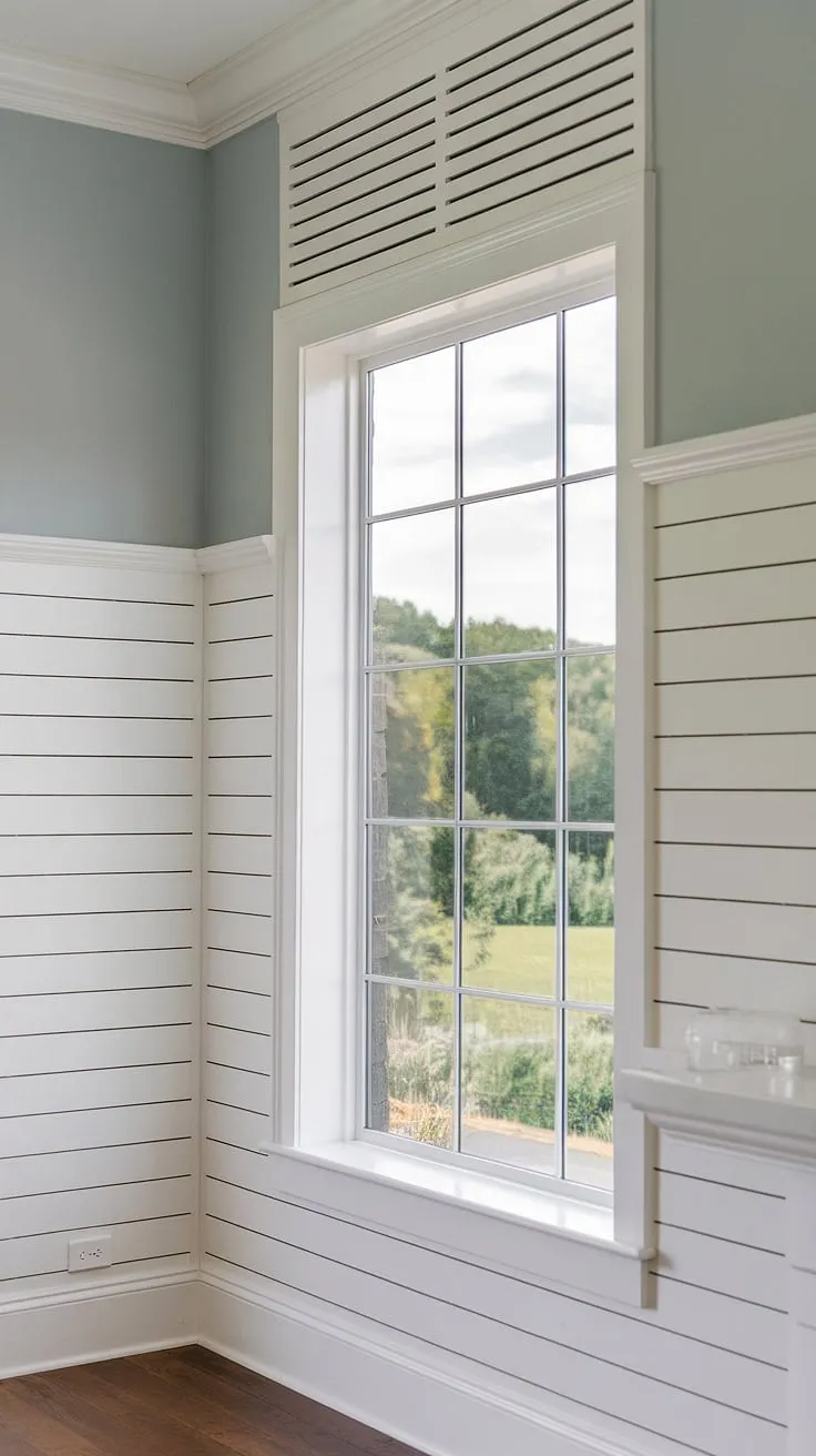 The crisp white shiplap wainscoting, extending to a classic chair rail, creates a stunning contrast with the light blue slatted wall above. This half wall paneling, a beautiful example of raised panel walls, adds texture and dimension to the wainscoting living room, perfectly complemented by the lush green view from the large window.  This shiplap with chair rail design is the perfect accent wall for a tranquil and sophisticated space.