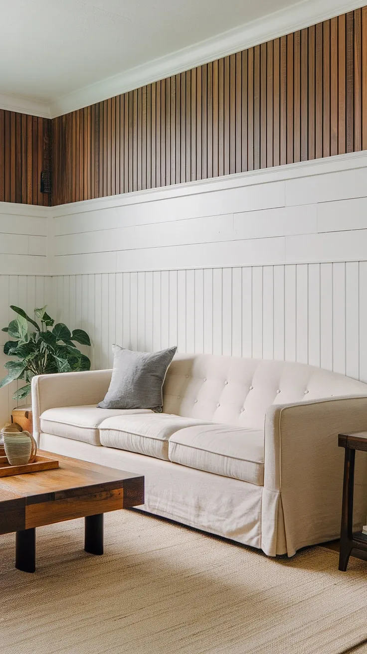 The shiplap wainscoting creates a stunning focal point in this living room.  The white paneling below the chair rail, paired with the slatted wall above, offers a unique blend of textures and styles, transforming a simple half panel wall into a show-stopping accent wall.  The raised panel walls add a touch of classic elegance to this beautifully designed space.