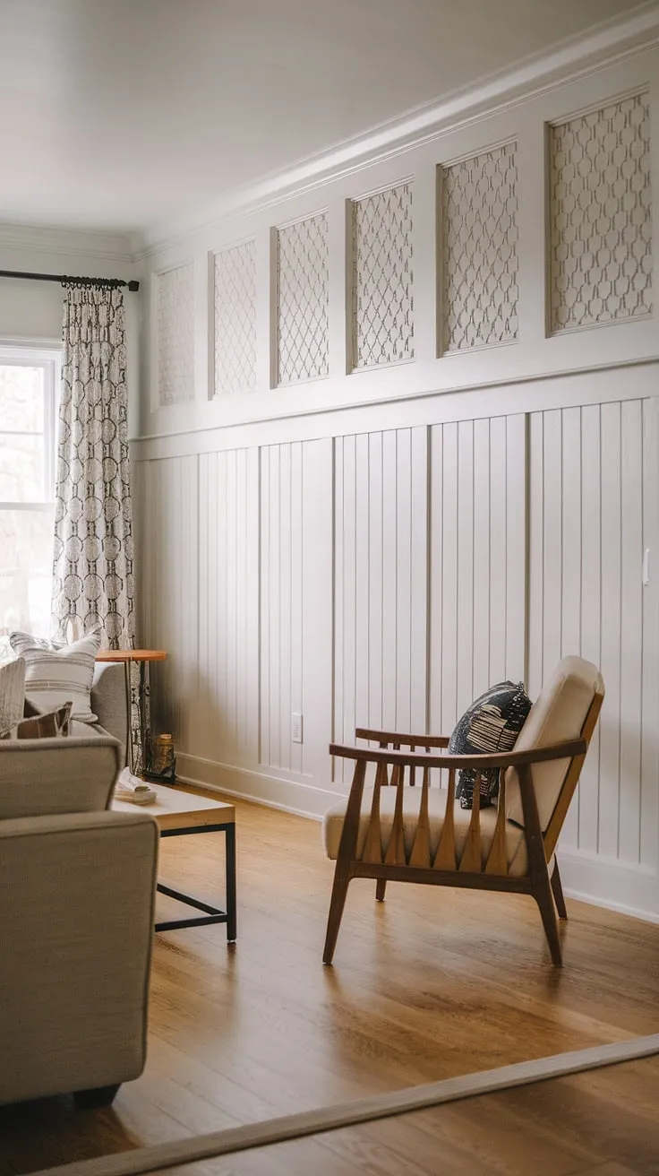 This wainscoting living room boasts a captivating accent wall, featuring a beautiful combination of shiplap with chair rail and white paneling. The half panel wall design, incorporating raised panel walls and a shiplap lower half, creates a sophisticated yet cozy atmosphere. The slatted wall texture adds depth and visual interest to this stunning space.