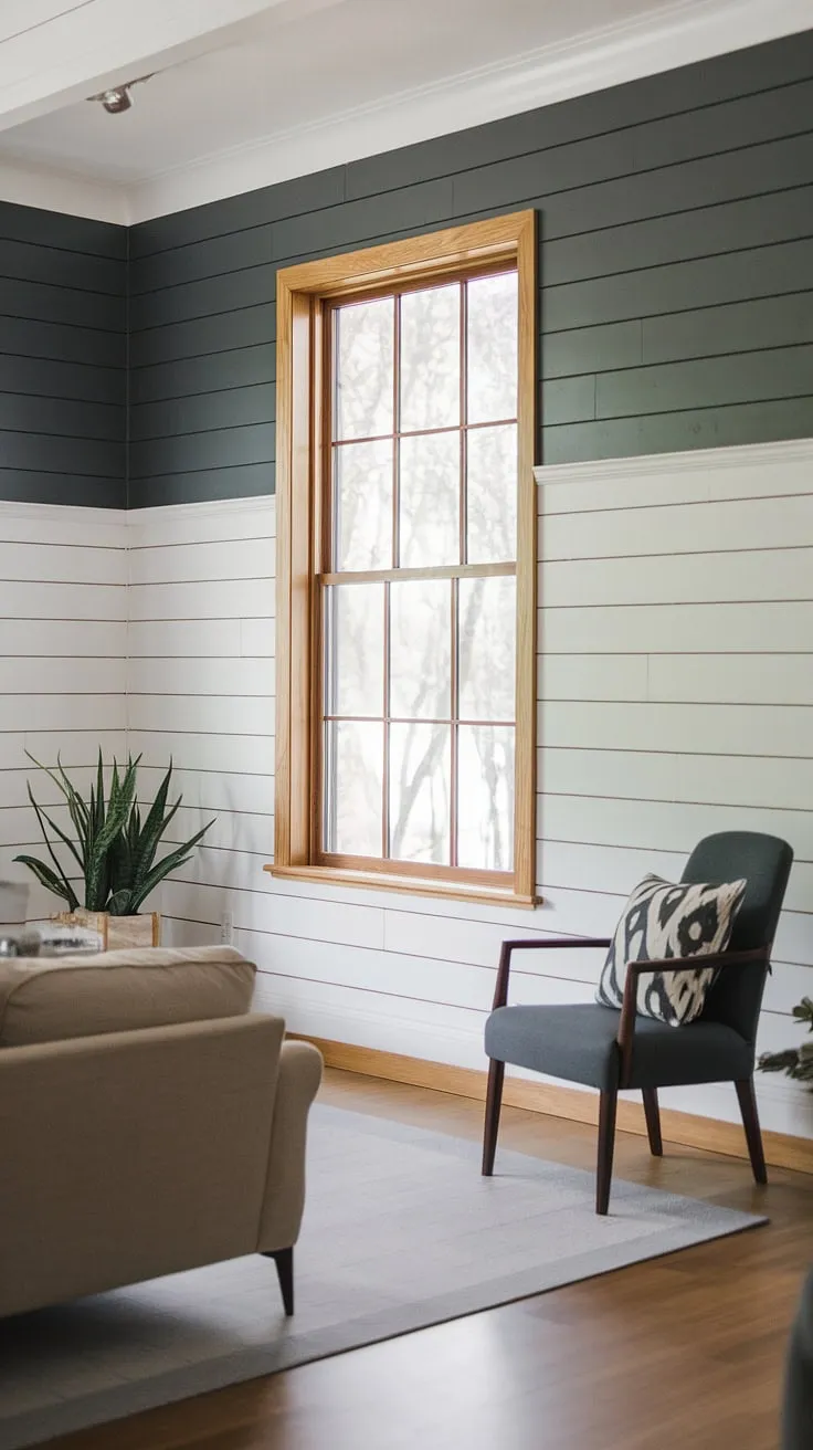 This wainscoting living room boasts a striking shiplap wall, showcasing the beauty of shiplap with chair rail. The white paneling of the lower half complements the dark gray upper section, creating a sophisticated half panel wall.  The shiplap wall, a unique take on raised panel walls, is further enhanced by the natural light streaming through the window, highlighting the texture of the slatted wall.